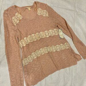 NWT Light pink Lace Crochet Detail Light Weight Long Sleeve Sweater Top Pullover
